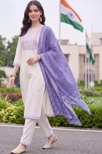 women ethnic motifs embroidered regular thread work cotton kurta with trousers & with dupatta