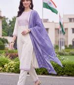 women ethnic motifs embroidered regular thread work cotton kurta with trousers & with dupatta