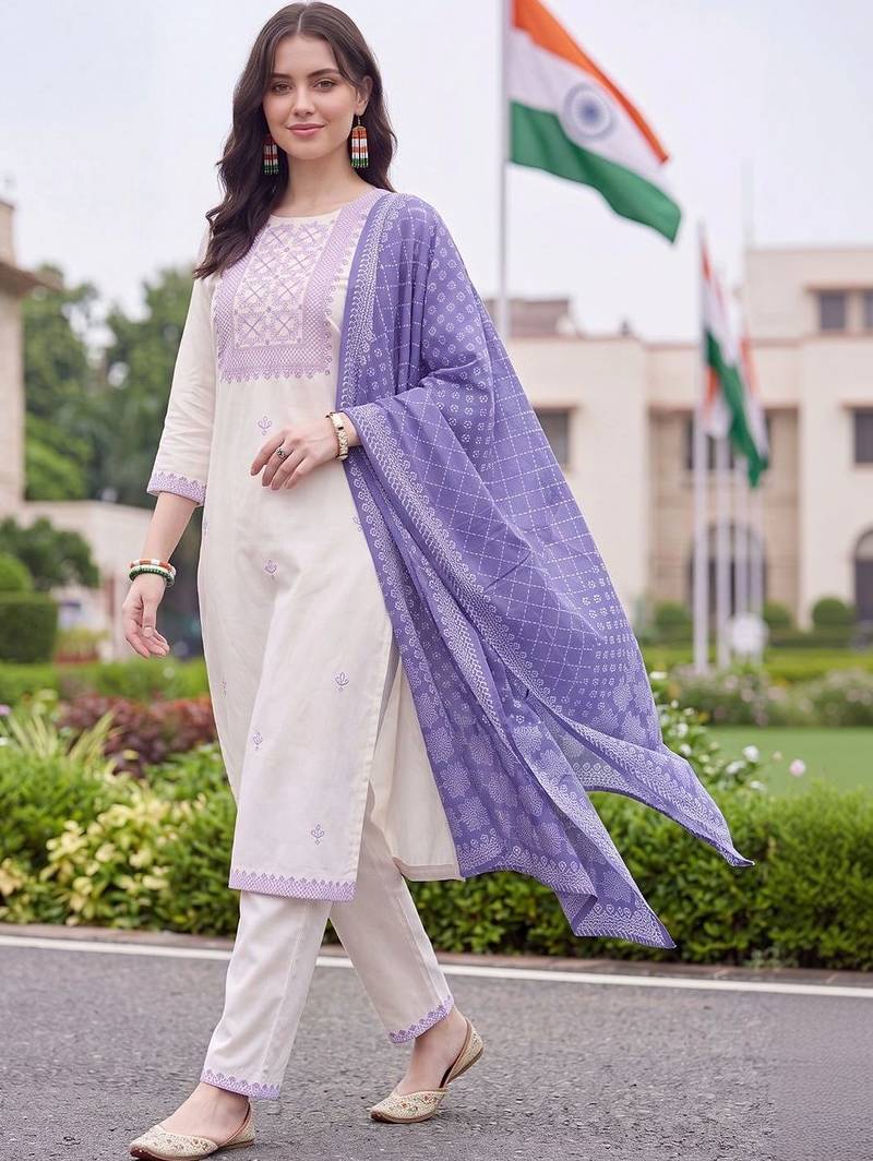 women ethnic motifs embroidered regular thread work cotton kurta with trousers & with dupatta