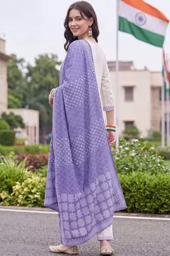 women ethnic motifs embroidered regular thread work cotton kurta with trousers & with dupatta