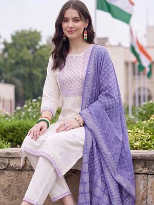 women ethnic motifs embroidered regular thread work cotton kurta with trousers & with dupatta 5