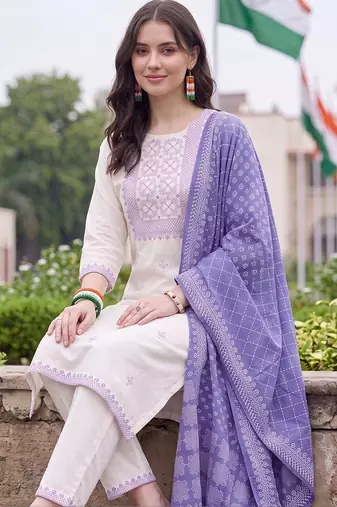 women ethnic motifs embroidered regular thread work cotton kurta with trousers & with dupatta