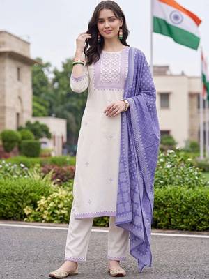 women ethnic motifs embroidered regular thread work cotton kurta with trousers & with dupatta 6