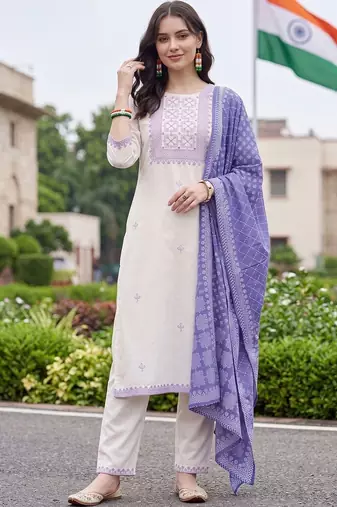 women ethnic motifs embroidered regular thread work cotton kurta with trousers & with dupatta