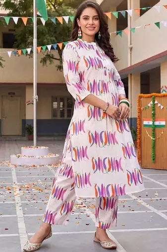 women printed regular cotton kurta with trousers