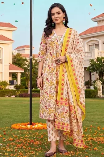 women floral printed regular cotton kurta with trousers & with dupatta