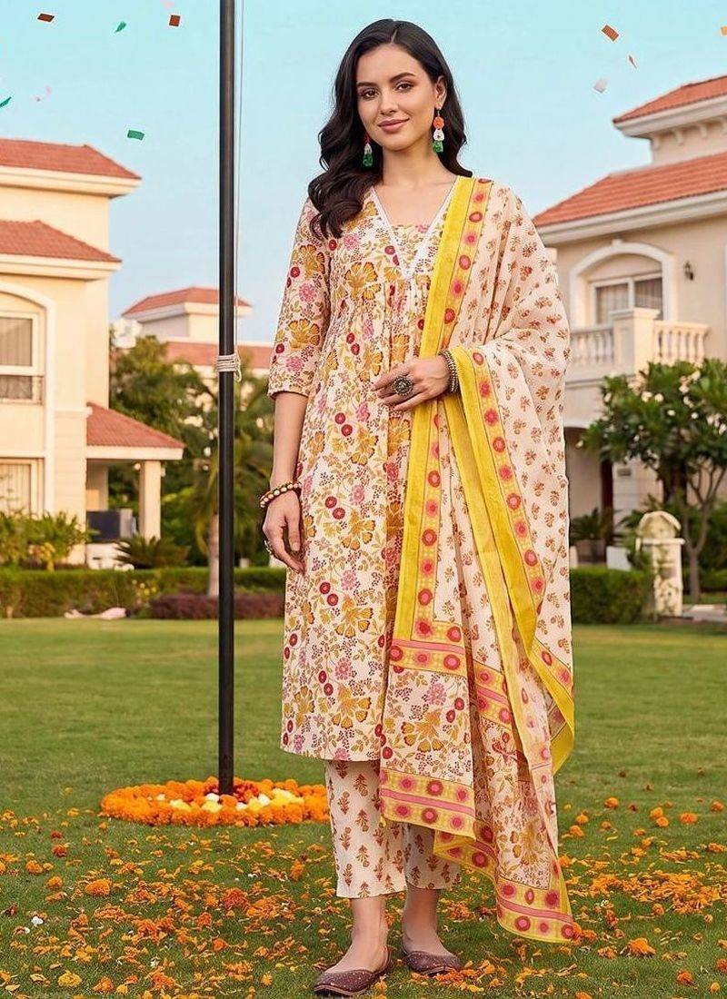 women floral printed regular cotton kurta with trousers & with dupatta