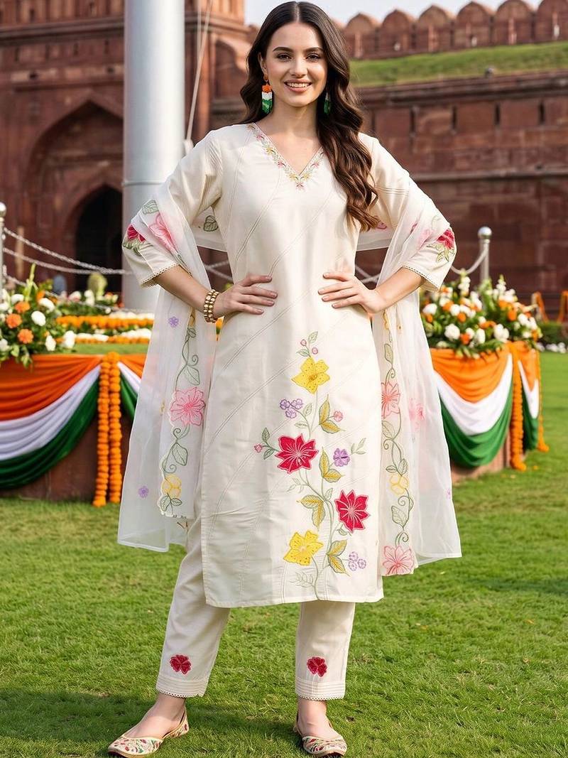 women floral embroidered regular thread work kurta with trousers & with dupatta