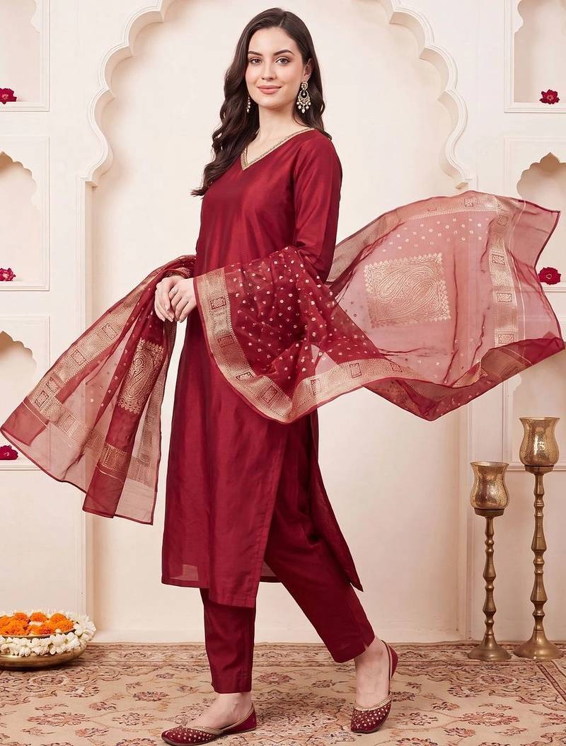 women regular kurta with trousers & with dupatta