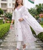 women ethnic motifs embroidered regular thread work cotton kurta with trousers & with dupatta