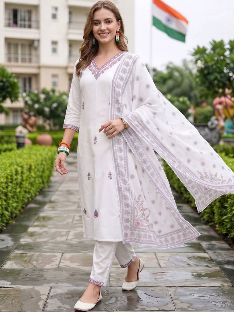 women ethnic motifs embroidered regular thread work cotton kurta with trousers & with dupatta