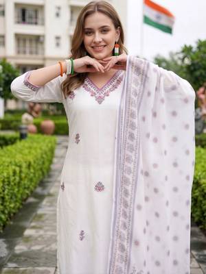 women ethnic motifs embroidered regular thread work cotton kurta with trousers & with dupatta 2