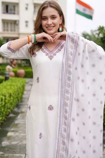 women ethnic motifs embroidered regular thread work cotton kurta with trousers & with dupatta