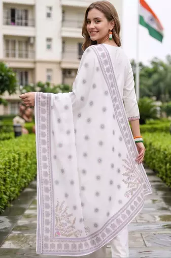 women ethnic motifs embroidered regular thread work cotton kurta with trousers & with dupatta