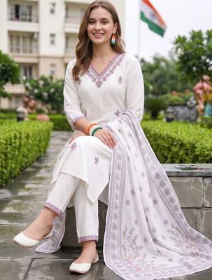 women ethnic motifs embroidered regular thread work cotton kurta with trousers & with dupatta 5