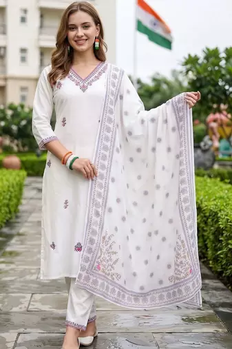 women ethnic motifs embroidered regular thread work cotton kurta with trousers & with dupatta