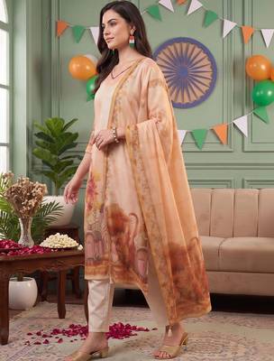 women ethnic motifs printed regular linen kurta with trousers & dupatta 1