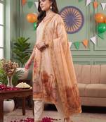 women ethnic motifs printed regular linen kurta with trousers & dupatta