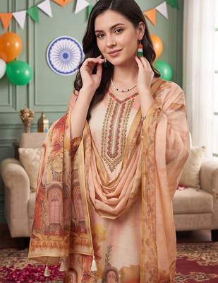 women ethnic motifs printed regular linen kurta with trousers & dupatta 2