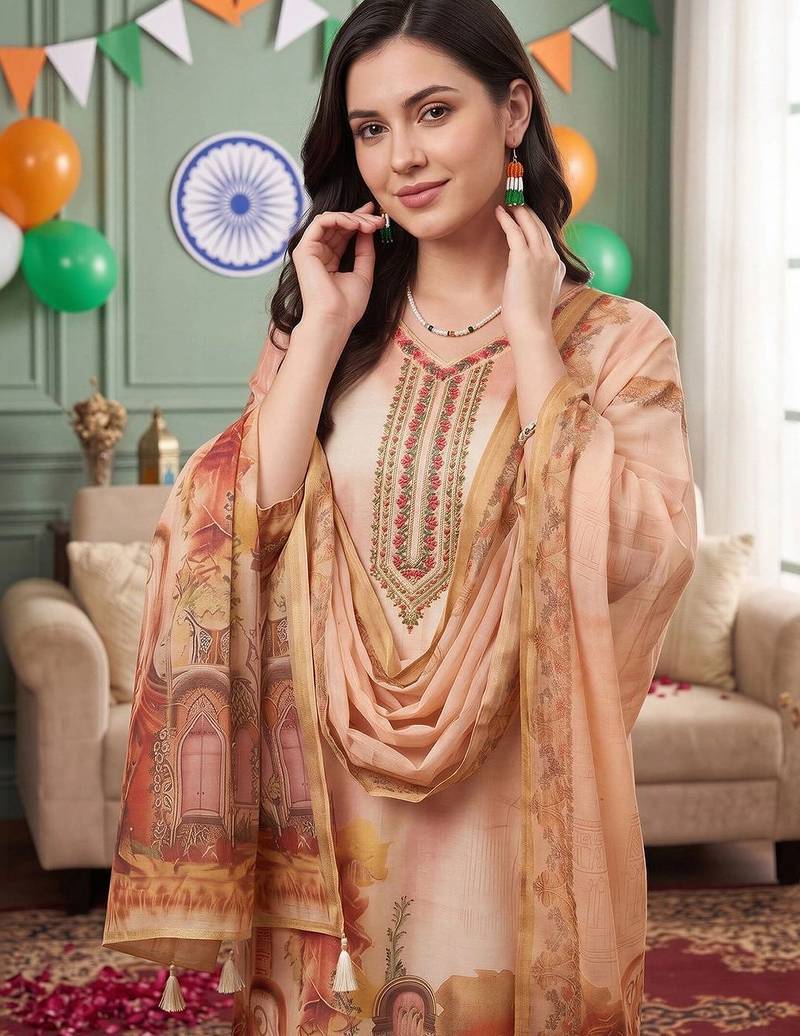 women ethnic motifs printed regular linen kurta with trousers & dupatta