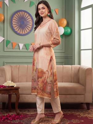 women ethnic motifs printed regular linen kurta with trousers & dupatta 3