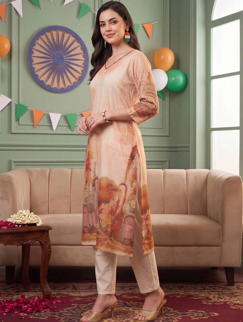 women ethnic motifs printed regular linen kurta with trousers & dupatta