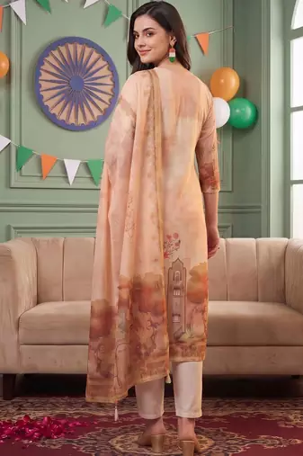 women ethnic motifs printed regular linen kurta with trousers & dupatta