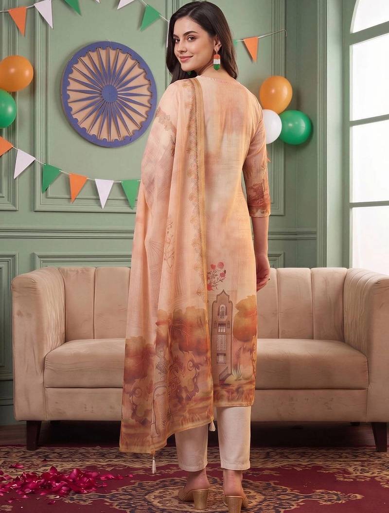 women ethnic motifs printed regular linen kurta with trousers & dupatta