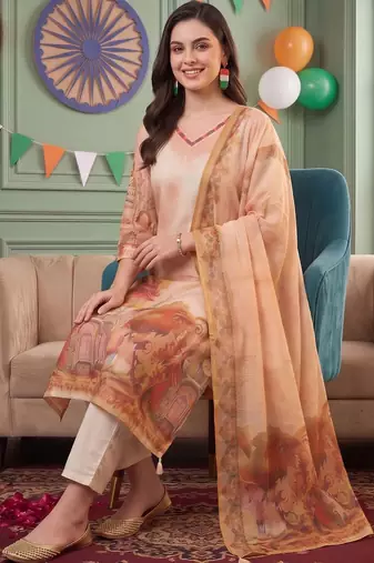 women ethnic motifs printed regular linen kurta with trousers & dupatta