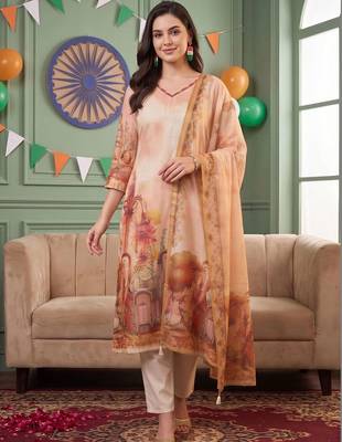 women ethnic motifs printed regular linen kurta with trousers & dupatta 6