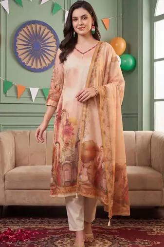 women ethnic motifs printed regular linen kurta with trousers & dupatta