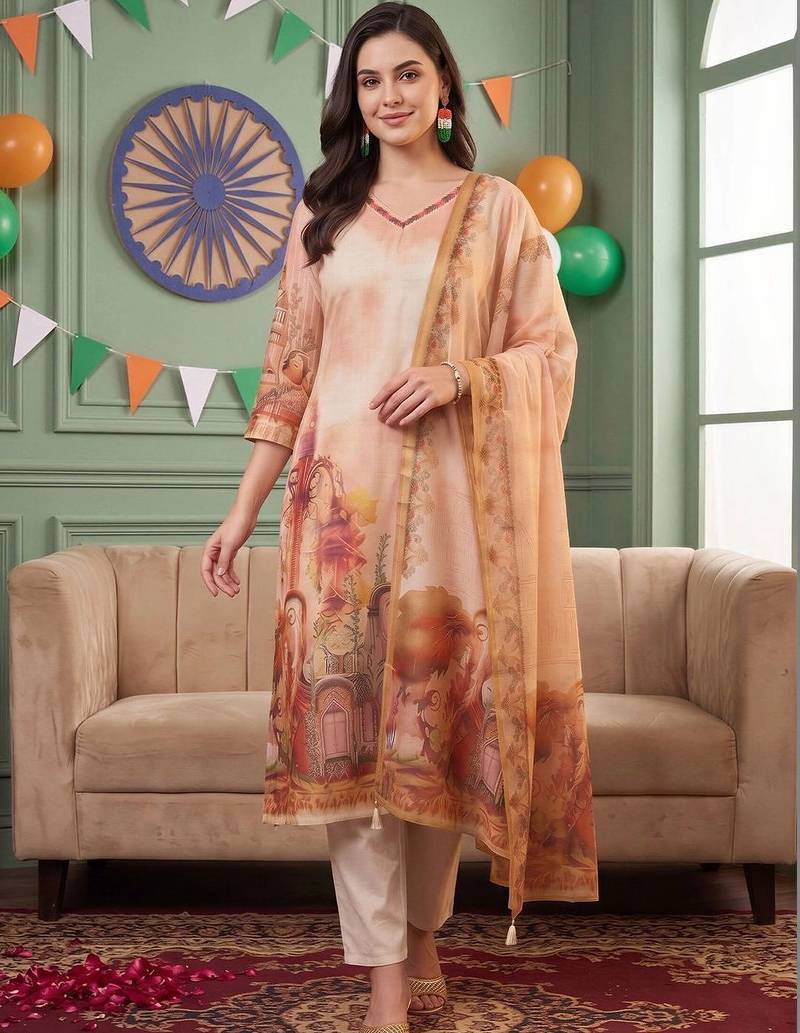 women ethnic motifs printed regular linen kurta with trousers & dupatta