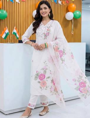 women floral embroidered regular thread work kurta with trousers & with dupatta 1