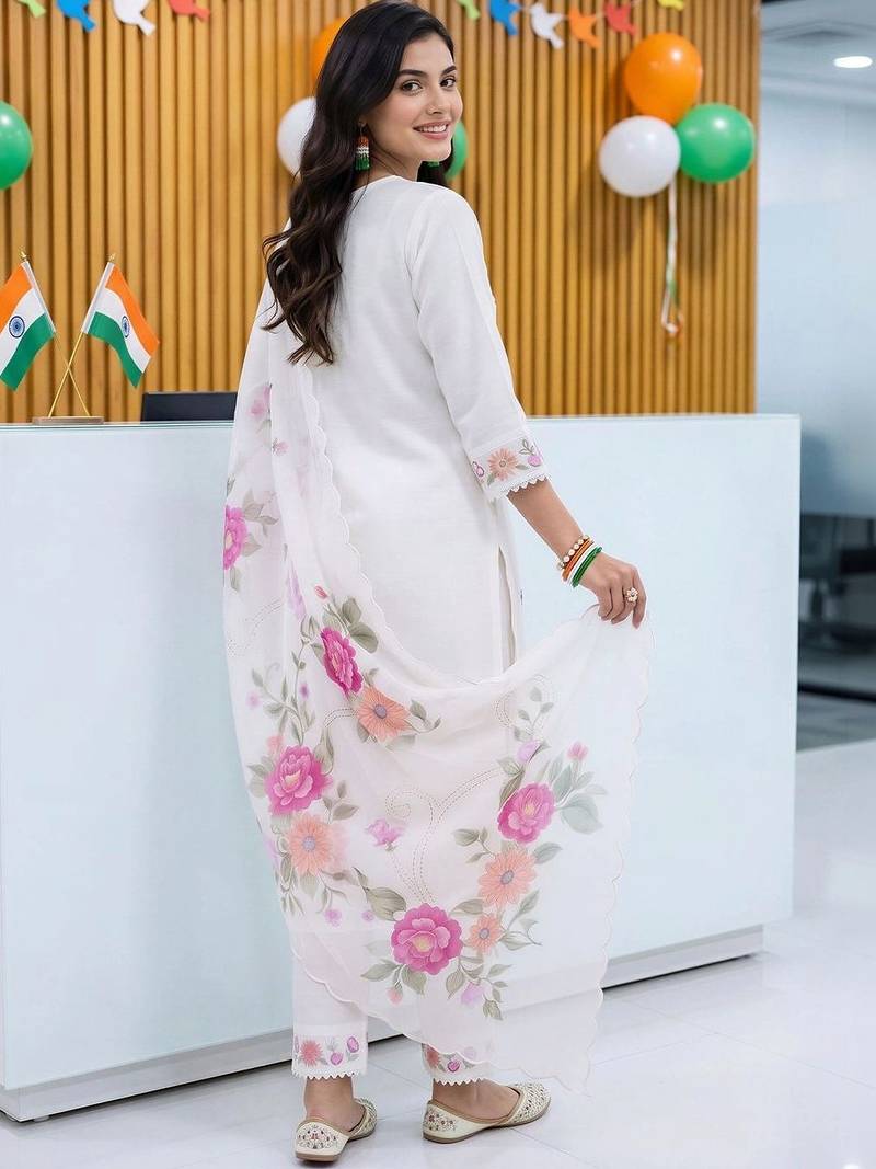 women floral embroidered regular thread work kurta with trousers & with dupatta