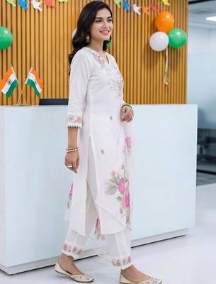 women floral embroidered regular thread work kurta with trousers & with dupatta 6