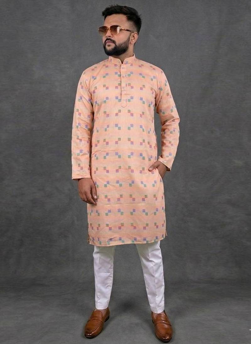 Peach pure cotton printed kurta pajama