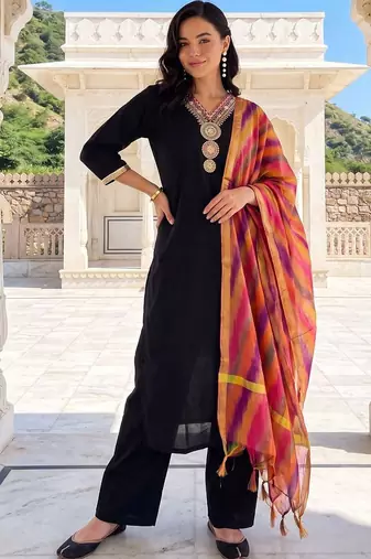 women regular thread work kurta with palazzos & with dupatta
