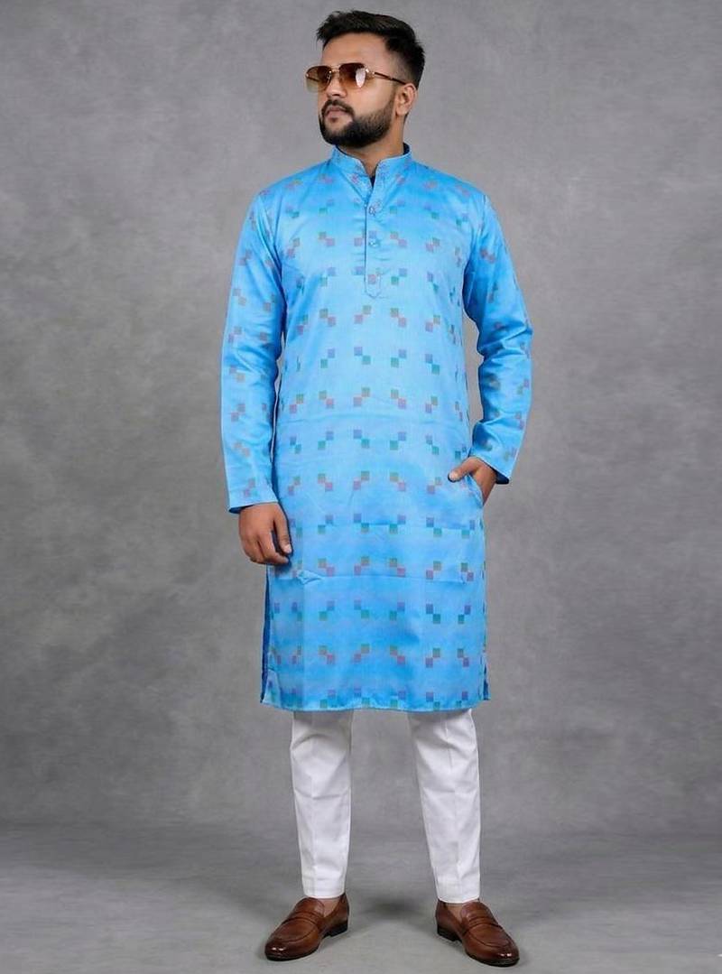 Blue pure cotton printed kurta pajama