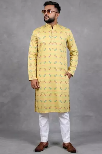 Yellow pure cotton printed kurta pajama