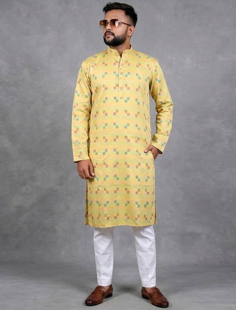 Yellow pure cotton printed kurta pajama