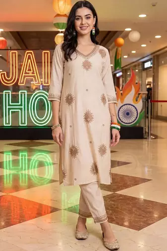 women ethnic motifs embroidered regular thread work liva kurta with trousers