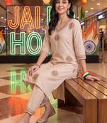 women ethnic motifs embroidered regular thread work liva kurta with trousers