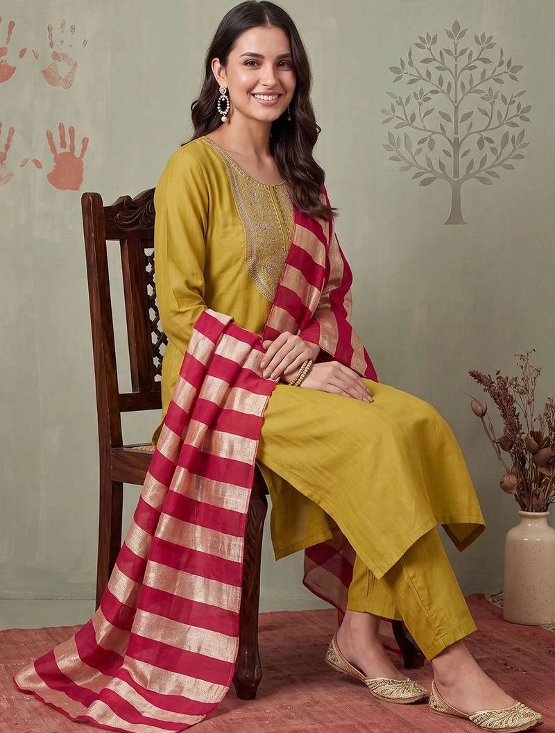 women ethnic motifs embroidered regular thread work kurta with trousers & with dupatta