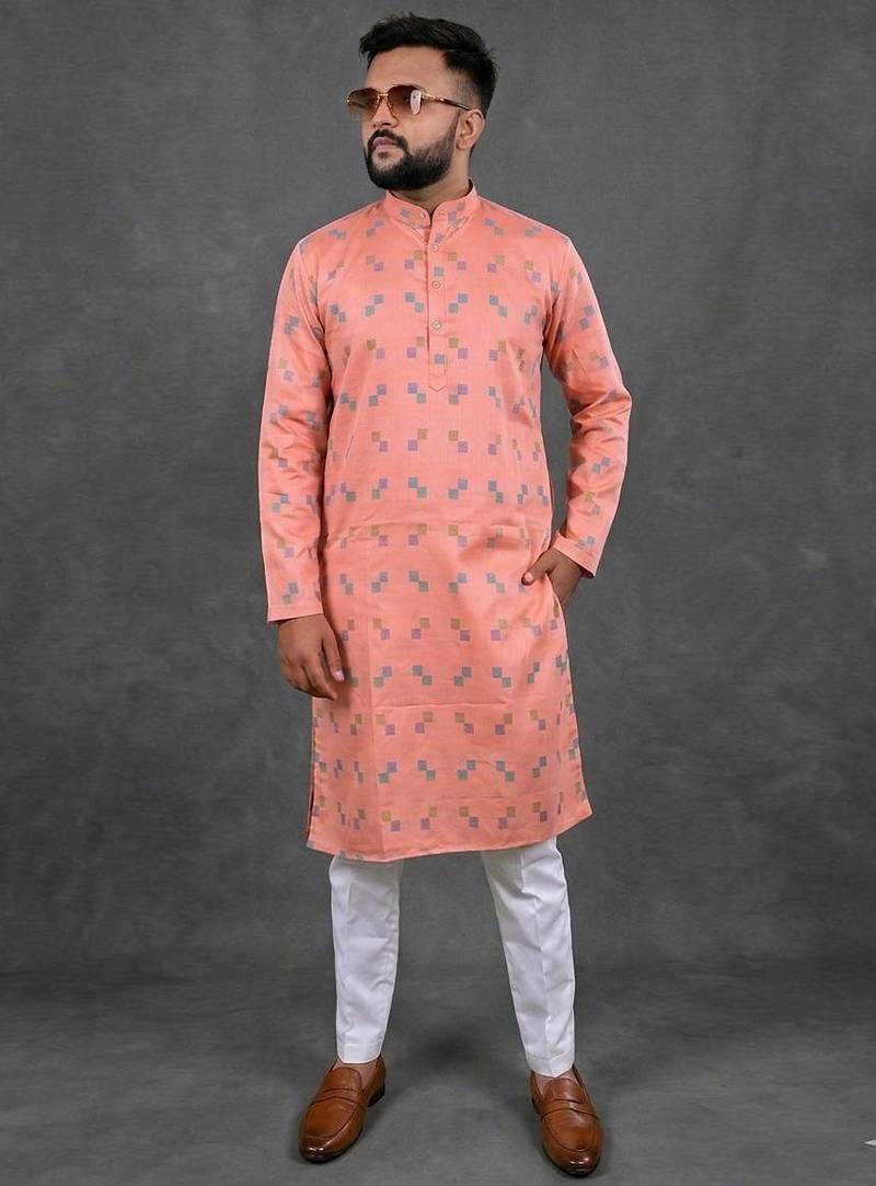 Peach pure cotton printed kurta pajama