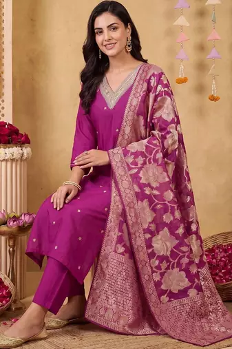 women ethnic motifs regular kurta with trousers & with dupatta