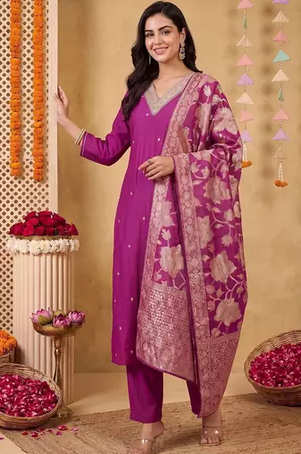 women ethnic motifs regular kurta with trousers & with dupatta