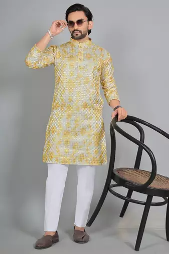 Yellow rayon digital work kurta pajama