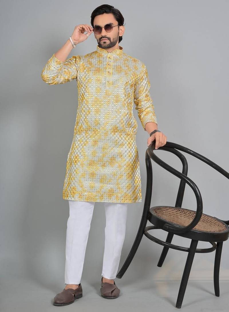 Yellow rayon digital work kurta pajama