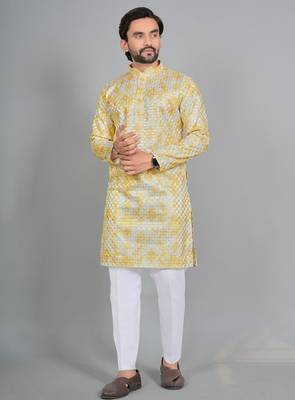 Yellow rayon digital work kurta pajama 1