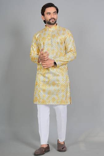 Yellow rayon digital work kurta pajama